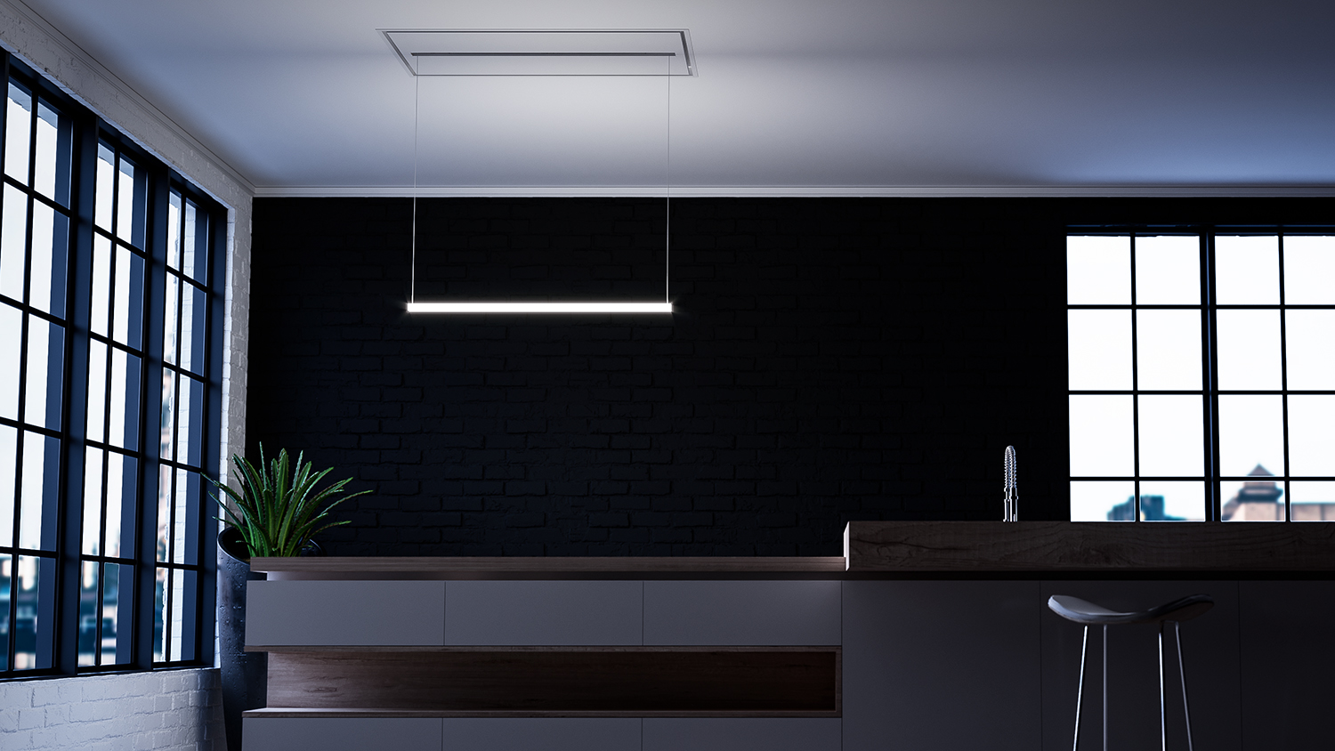 Luksusowy okap kuchenny Sirius sufitowy Line light we współczesnej kuchni w luksusowym domu okapy premium